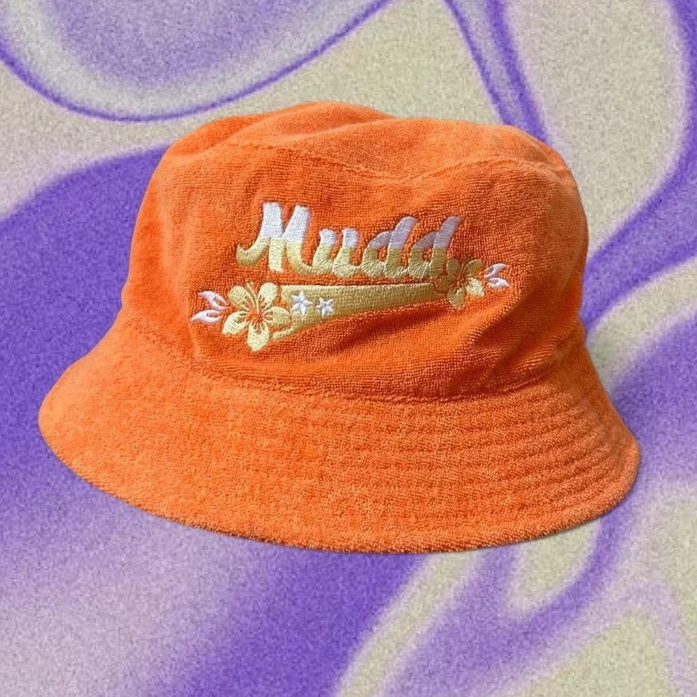 Y2K Mudd Orange Terrycloth Bucket Hat Striped Reversible Beach Tropical